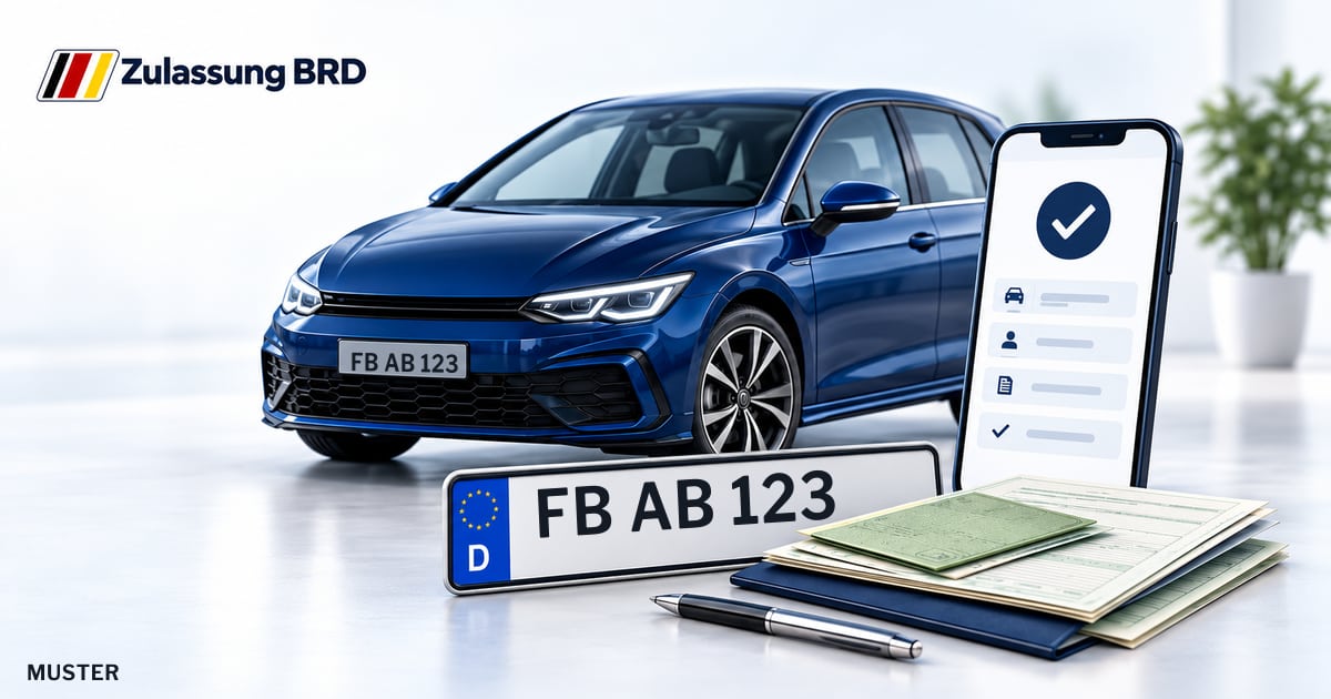 Online Fahrzeugzulassung in Ranstadt: Musterkennzeichen FB AB 123, Auto und Fahrzeugpapiere und Smartphone. Illustration mit Logo von Zulassung BRD.